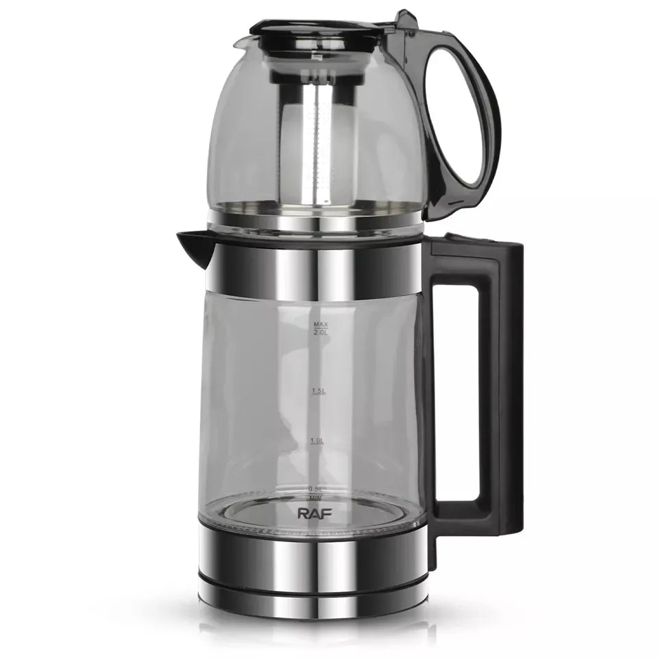 RAF 0.8L + 2L 2-in-1 Double Glass Samovar Electric Kettle with 360° Rotating Power Base for Instant