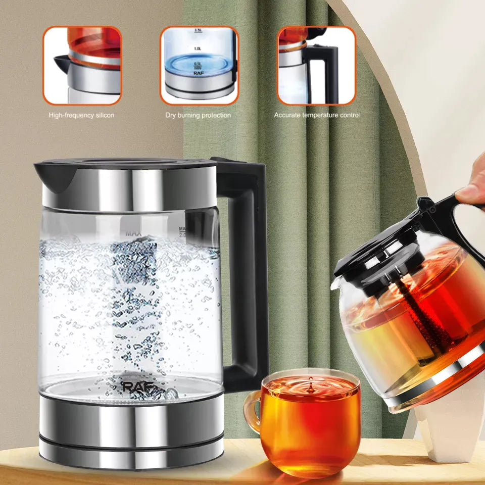 RAF 0.8L + 2L 2-in-1 Double Glass Samovar Electric Kettle with 360° Rotating Power Base for Instant