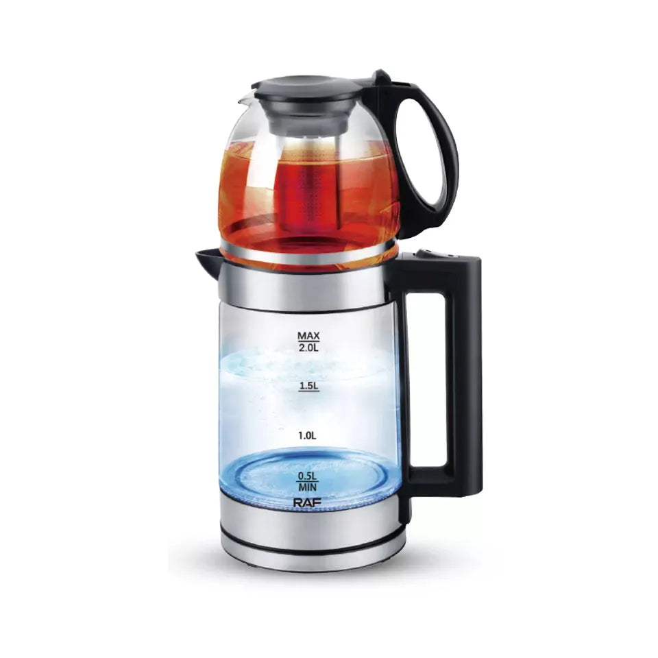 RAF 0.8L + 2L 2-in-1 Double Glass Samovar Electric Kettle with 360° Rotating Power Base for Instant