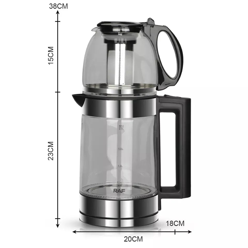 RAF 0.8L + 2L 2-in-1 Double Glass Samovar Electric Kettle with 360° Rotating Power Base for Instant