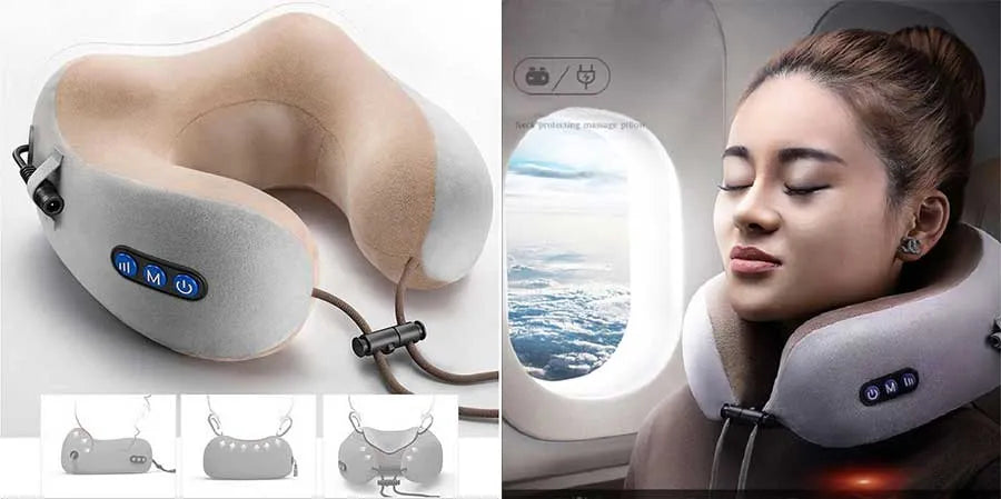 U-Shaped Portable Multifunctional Electric Neck Massage Travel Pillow for Relaxation - Cordless & Re