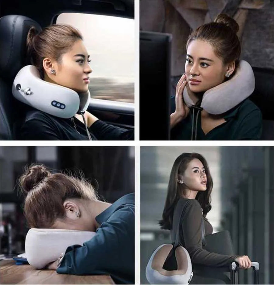 U-Shaped Portable Multifunctional Electric Neck Massage Travel Pillow for Relaxation - Cordless & Re