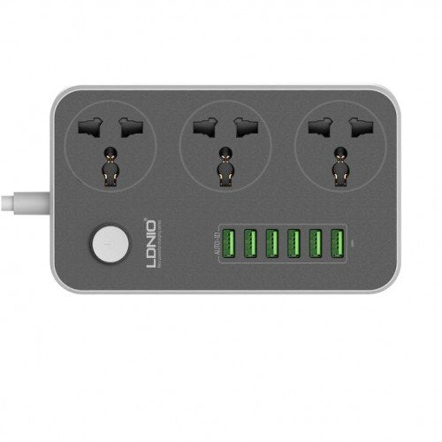 LDNIO Advanced Power Strip with 3 AC Outlets, 6 USB Ports, Surge Protection & 2-Meter Cable - 2500W