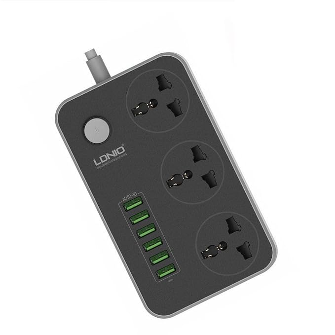 LDNIO Advanced Power Strip with 3 AC Outlets, 6 USB Ports, Surge Protection & 2-Meter Cable - 2500W