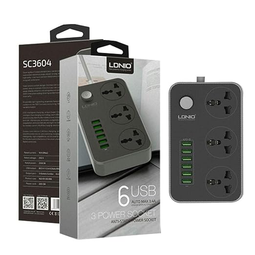 LDNIO Advanced Power Strip with 3 AC Outlets, 6 USB Ports, Surge Protection & 2-Meter Cable - 2500W