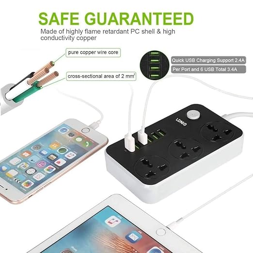 LDNIO Advanced Power Strip with 3 AC Outlets, 6 USB Ports, Surge Protection & 2-Meter Cable - 2500W