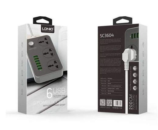 LDNIO Advanced Power Strip with 3 AC Outlets, 6 USB Ports, Surge Protection & 2-Meter Cable - 2500W