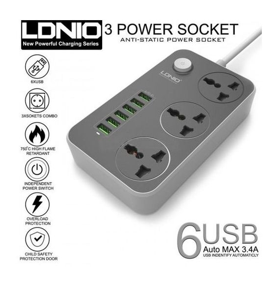 LDNIO Advanced Power Strip with 3 AC Outlets, 6 USB Ports, Surge Protection & 2-Meter Cable - 2500W