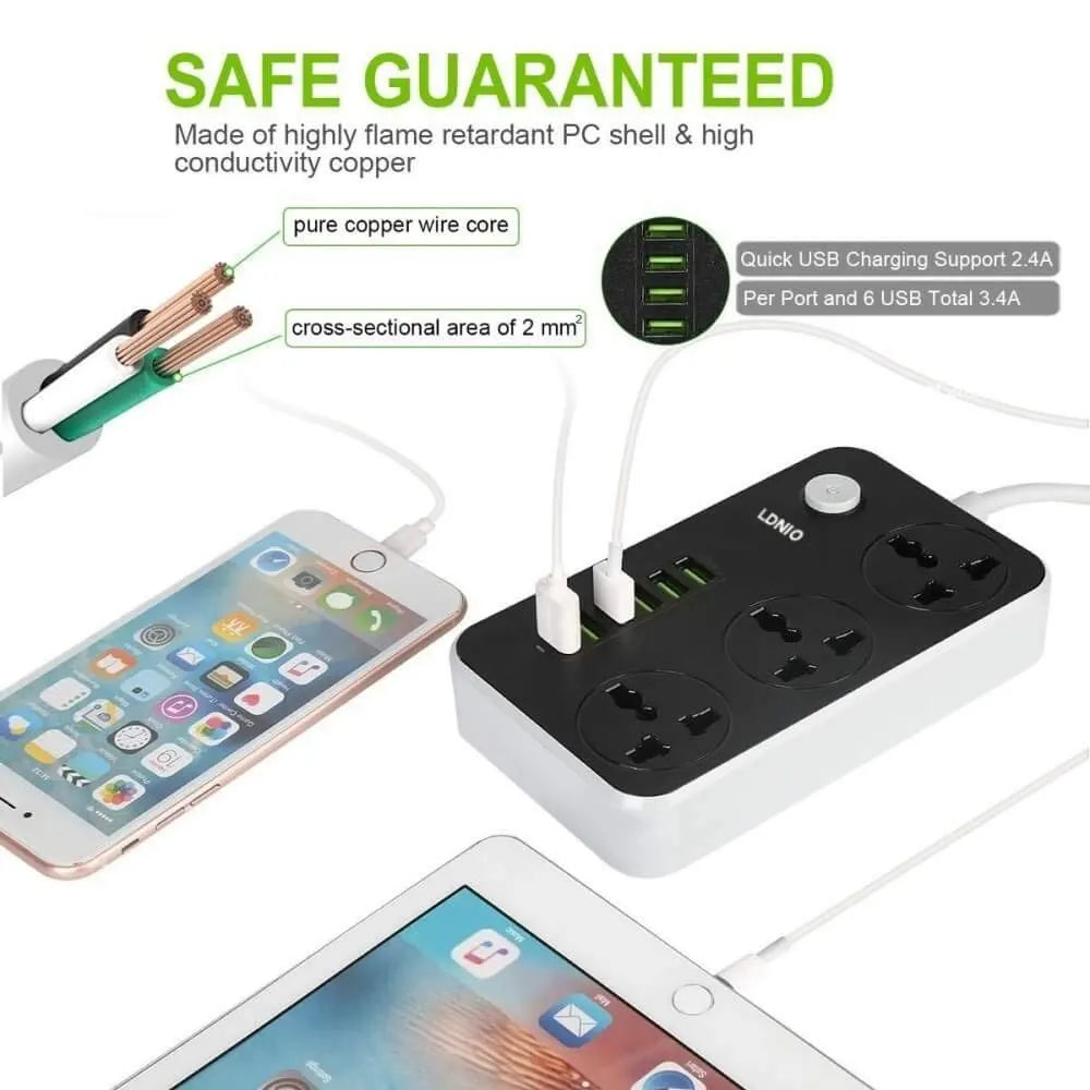 LDNIO Advanced Power Strip with 3 AC Outlets, 6 USB Ports, Surge Protection & 2-Meter Cable - 2500W
