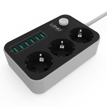 LDNIO Advanced Power Strip with 3 AC Outlets, 6 USB Ports, Surge Protection & 2-Meter Cable - 2500W