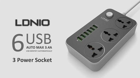 LDNIO Advanced Power Strip with 3 AC Outlets, 6 USB Ports, Surge Protection & 2-Meter Cable - 2500W