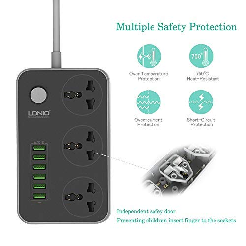 LDNIO Advanced Power Strip with 3 AC Outlets, 6 USB Ports, Surge Protection & 2-Meter Cable - 2500W