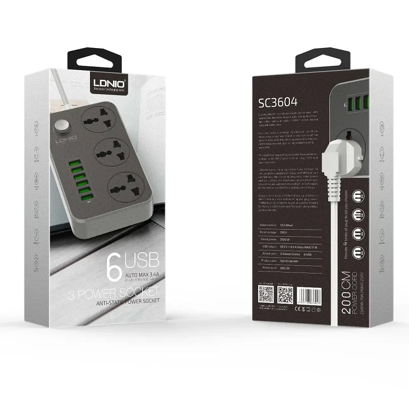 LDNIO Advanced Power Strip with 3 AC Outlets, 6 USB Ports, Surge Protection & 2-Meter Cable - 2500W