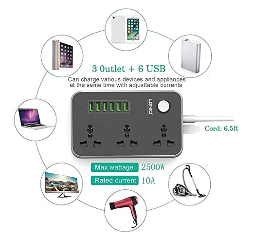 LDNIO Advanced Power Strip with 3 AC Outlets, 6 USB Ports, Surge Protection & 2-Meter Cable - 2500W
