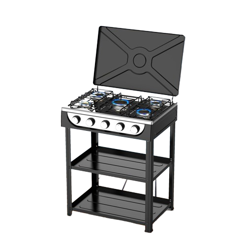 Starlux Powerful 5-Burner Gas Stove with Stainless Steel Shelves and Manual Ignition