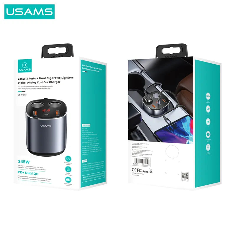 Digital Display Fast Car Charger with Dual Cigarette Lighters