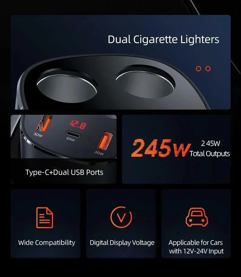 Digital Display Fast Car Charger with Dual Cigarette Lighters
