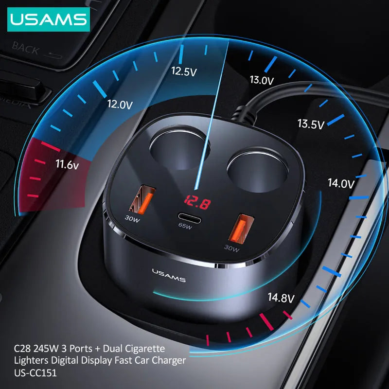 Digital Display Fast Car Charger with Dual Cigarette Lighters