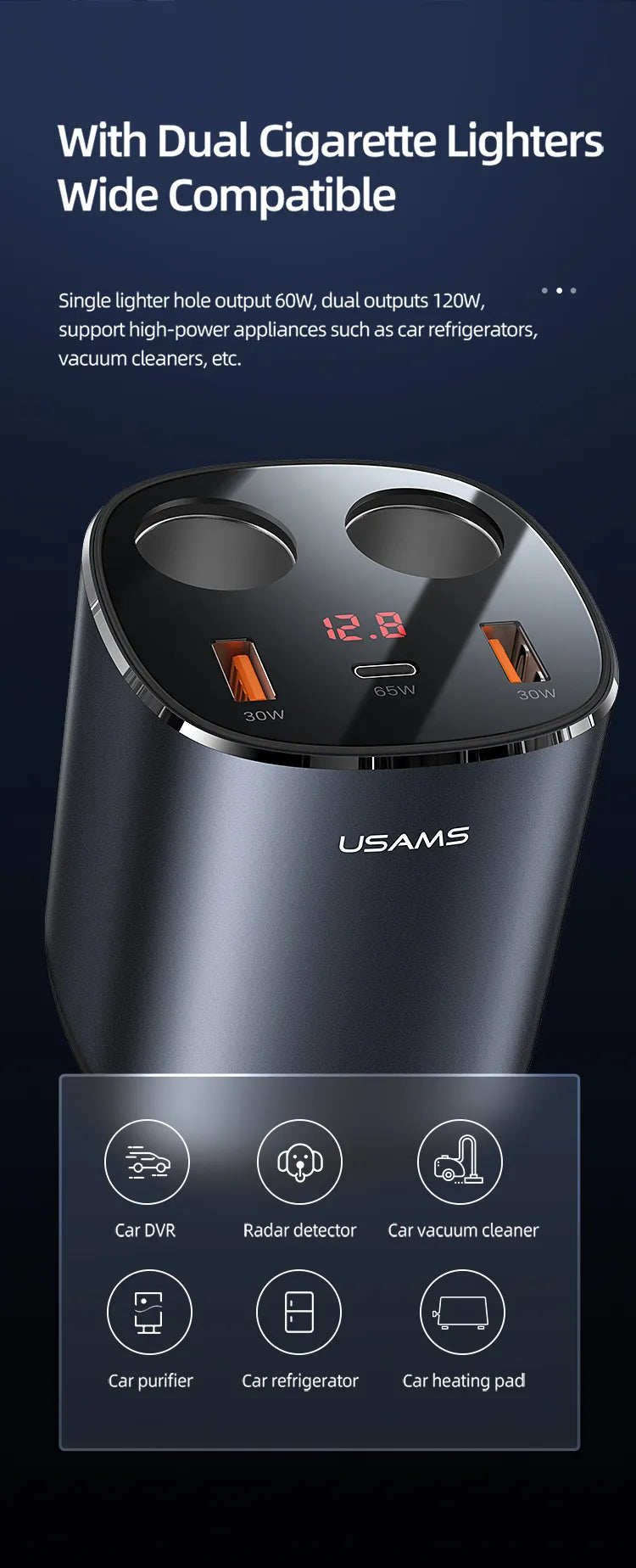 Digital Display Fast Car Charger with Dual Cigarette Lighters