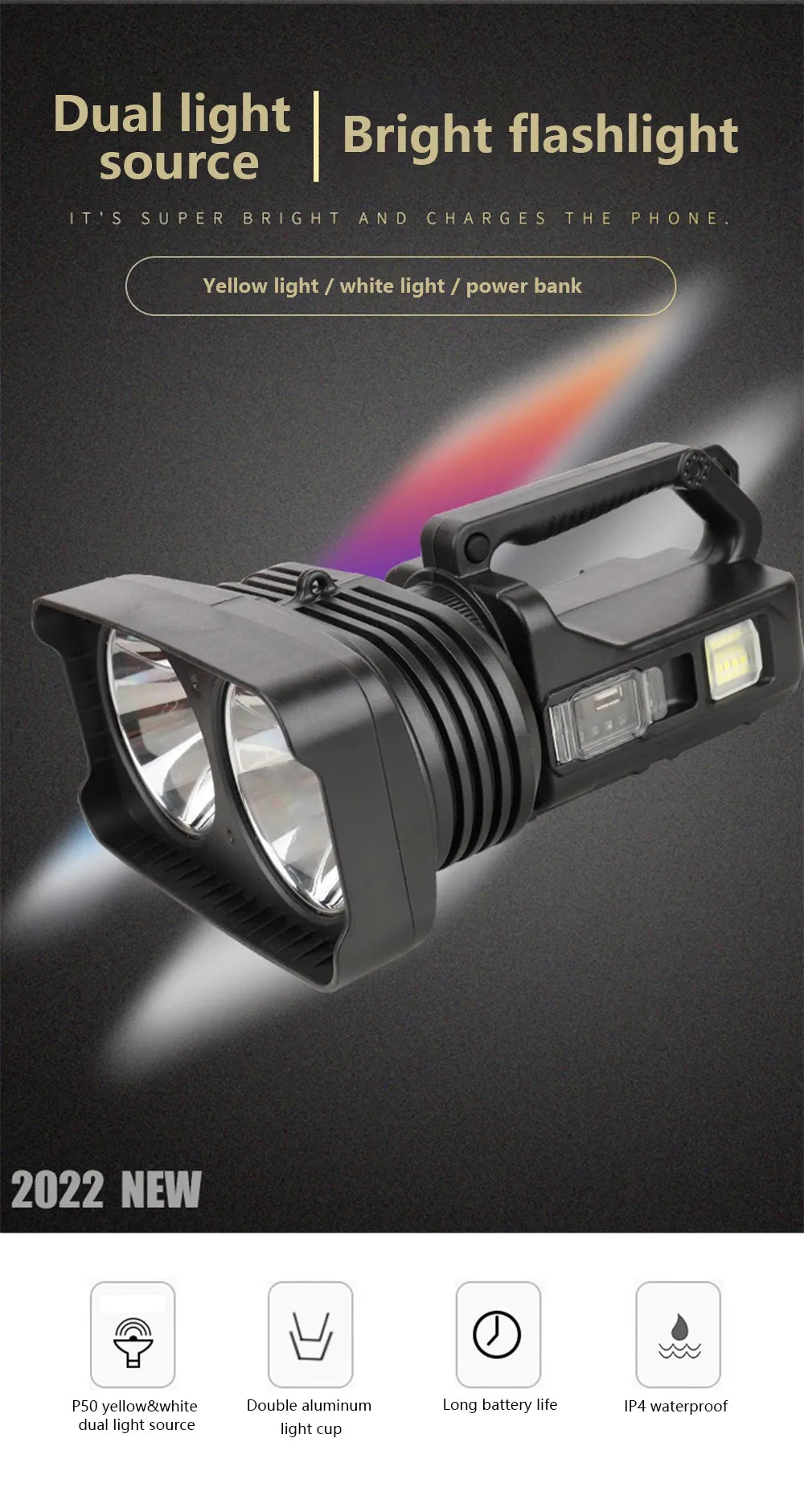 Handheld Electric Searchlight with Super Bright Light and USB Charging - Ideal for Camping, Hiking,