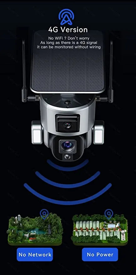 Advanced Solar Powered Outdoor Wireless WiFi Security Dual Lens Camera with with Motion Detection