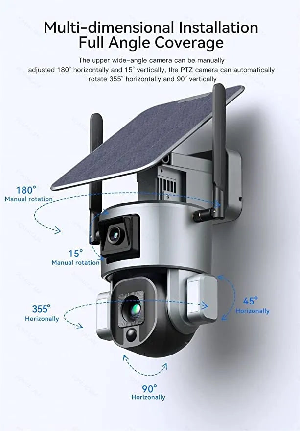 Advanced Solar Powered Outdoor Wireless WiFi Security Dual Lens Camera with with Motion Detection