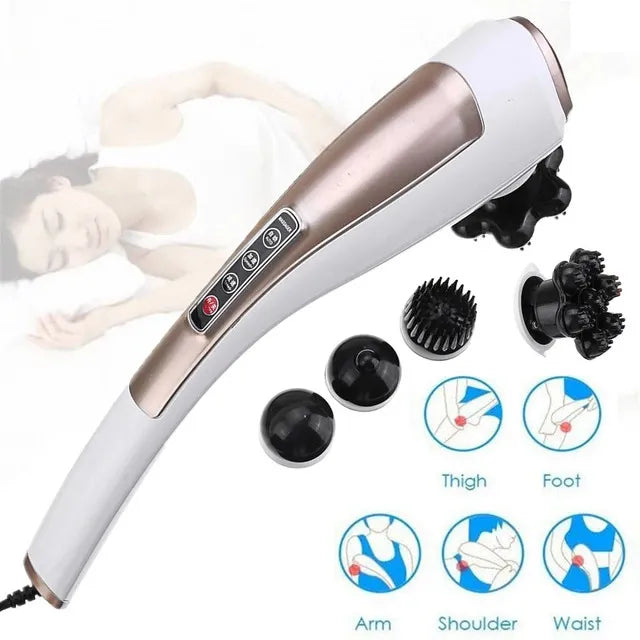 Handheld Electric Deep Tissue Body Massager with 4 Interchangeable Heads, Variable Speed Control & Ergonomic Design for Full-Body Relief