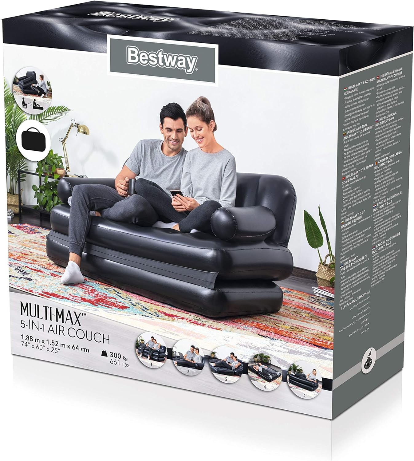 Bestway Multi-Max 5-in-1 Inflatable Double Air Sofa Bed with Air Pump - 1.88m x 1.52m x 64cm