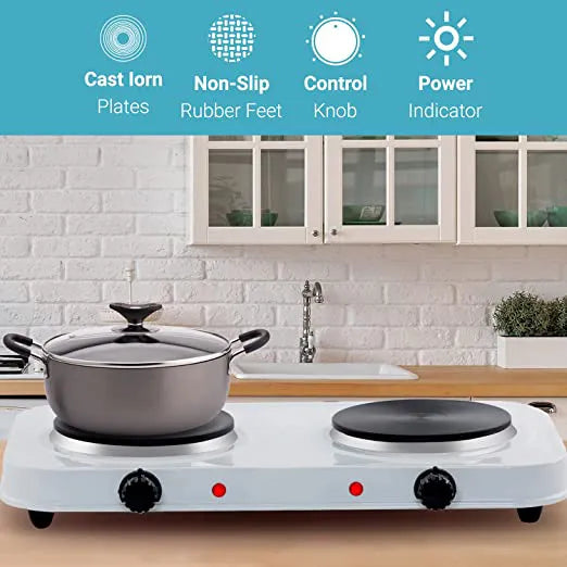 Electric Double Hot Plate Cooking Stove - Cast Iron Hot Plates with Thermostats, Stainless Steel Ho