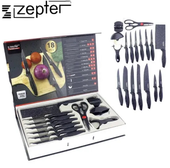 Zepter 18-Piece Non-Stick Stainless Steel Kitchen Knife Set with Ceramic Coating and Comfort Grip Ha