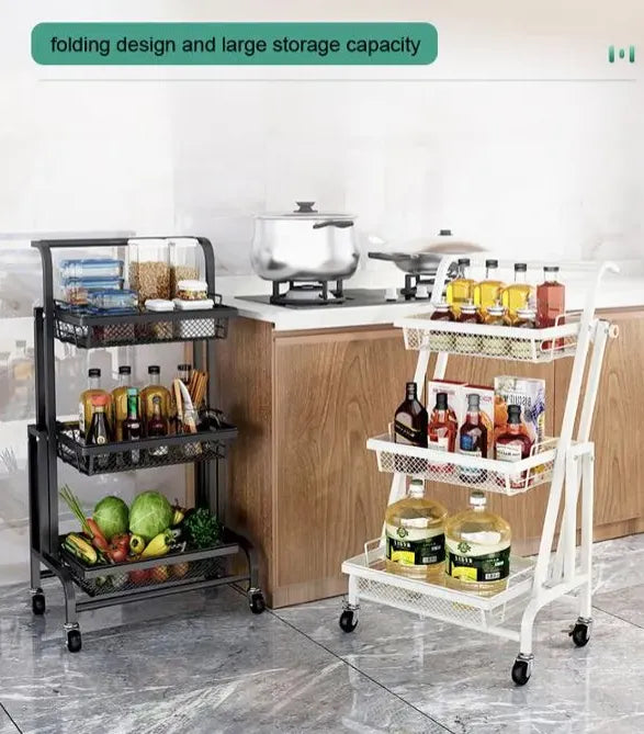 3 Tier Adjustable & Foldable Kitchen Storage Metal Rack Organizer Trolley with Wheels