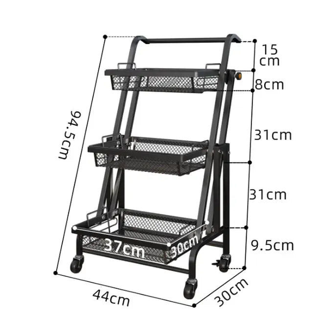3 Tier Adjustable & Foldable Kitchen Storage Metal Rack Organizer Trolley with Wheels
