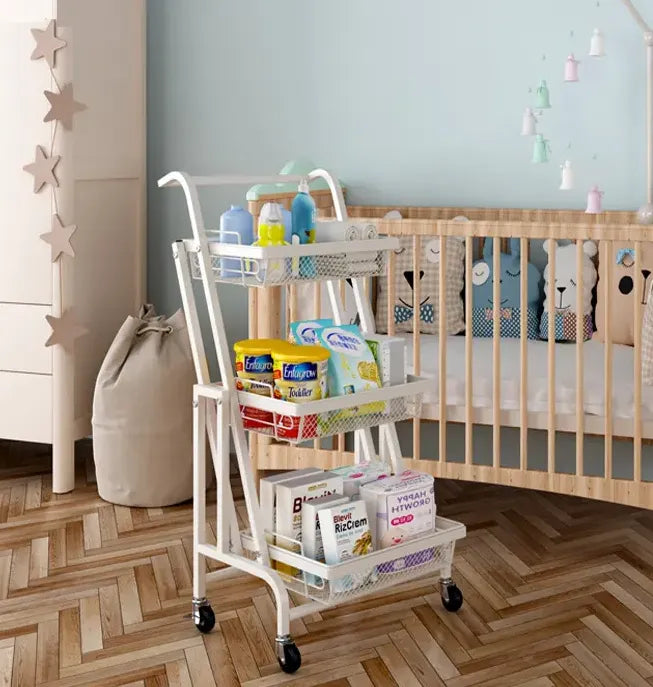 3 Tier Adjustable & Foldable Kitchen Storage Metal Rack Organizer Trolley with Wheels