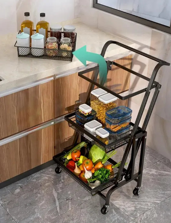 3 Tier Adjustable & Foldable Kitchen Storage Metal Rack Organizer Trolley with Wheels