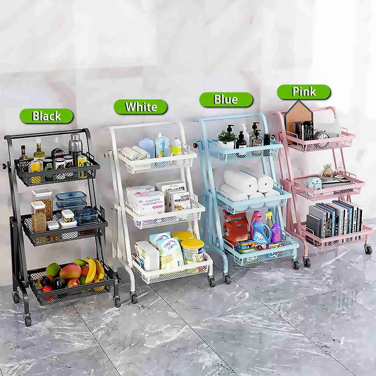 3 Tier Adjustable & Foldable Kitchen Storage Metal Rack Organizer Trolley with Wheels