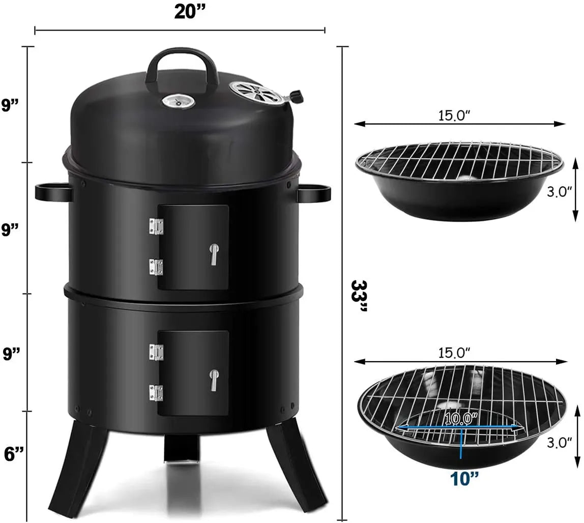 3 in 1 Portable Round Barbecue Grill with Heat Indicator Thermometer
