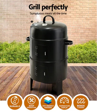 3 in 1 Portable Round Barbecue Grill with Heat Indicator Thermometer