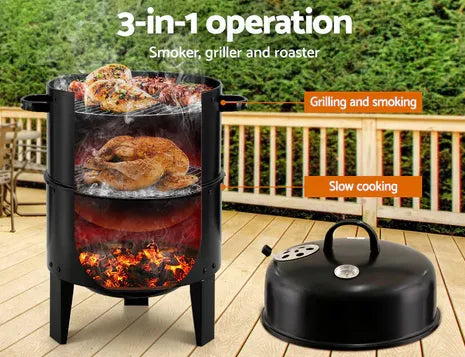 3 in 1 Portable Round Barbecue Grill with Heat Indicator Thermometer
