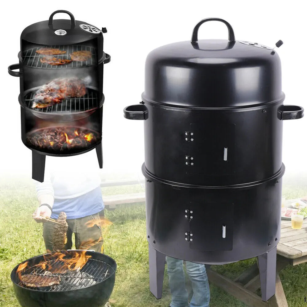 3 in 1 Portable Round Barbecue Grill with Heat Indicator Thermometer