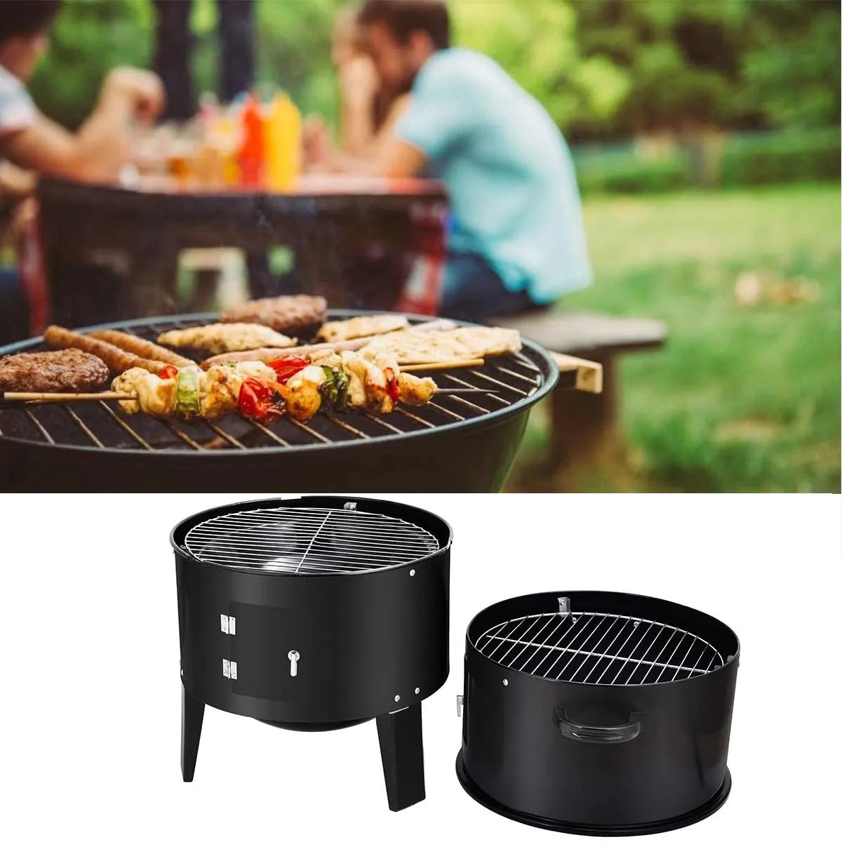 3 in 1 Portable Round Barbecue Grill with Heat Indicator Thermometer