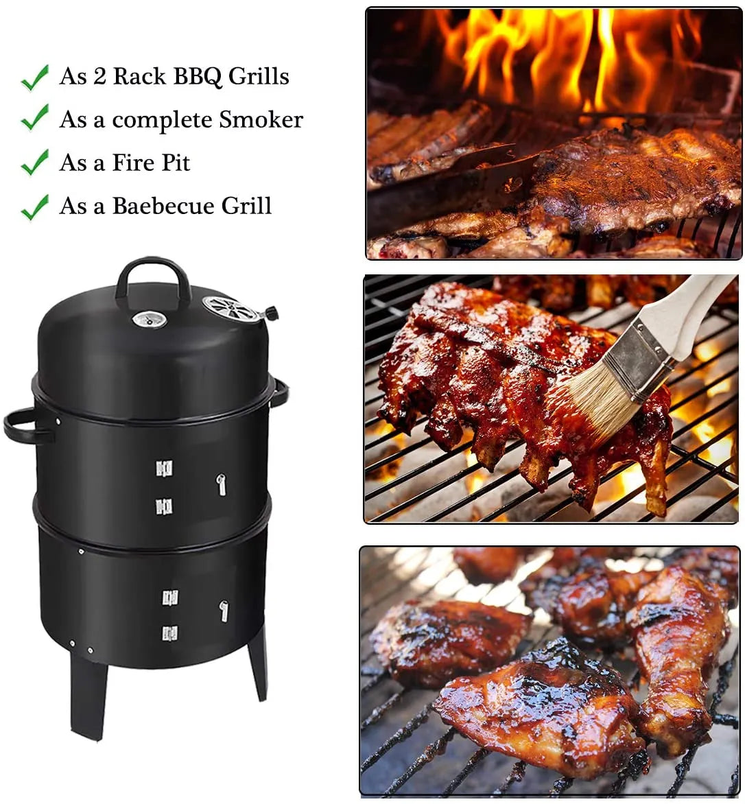 3 in 1 Portable Round Barbecue Grill with Heat Indicator Thermometer