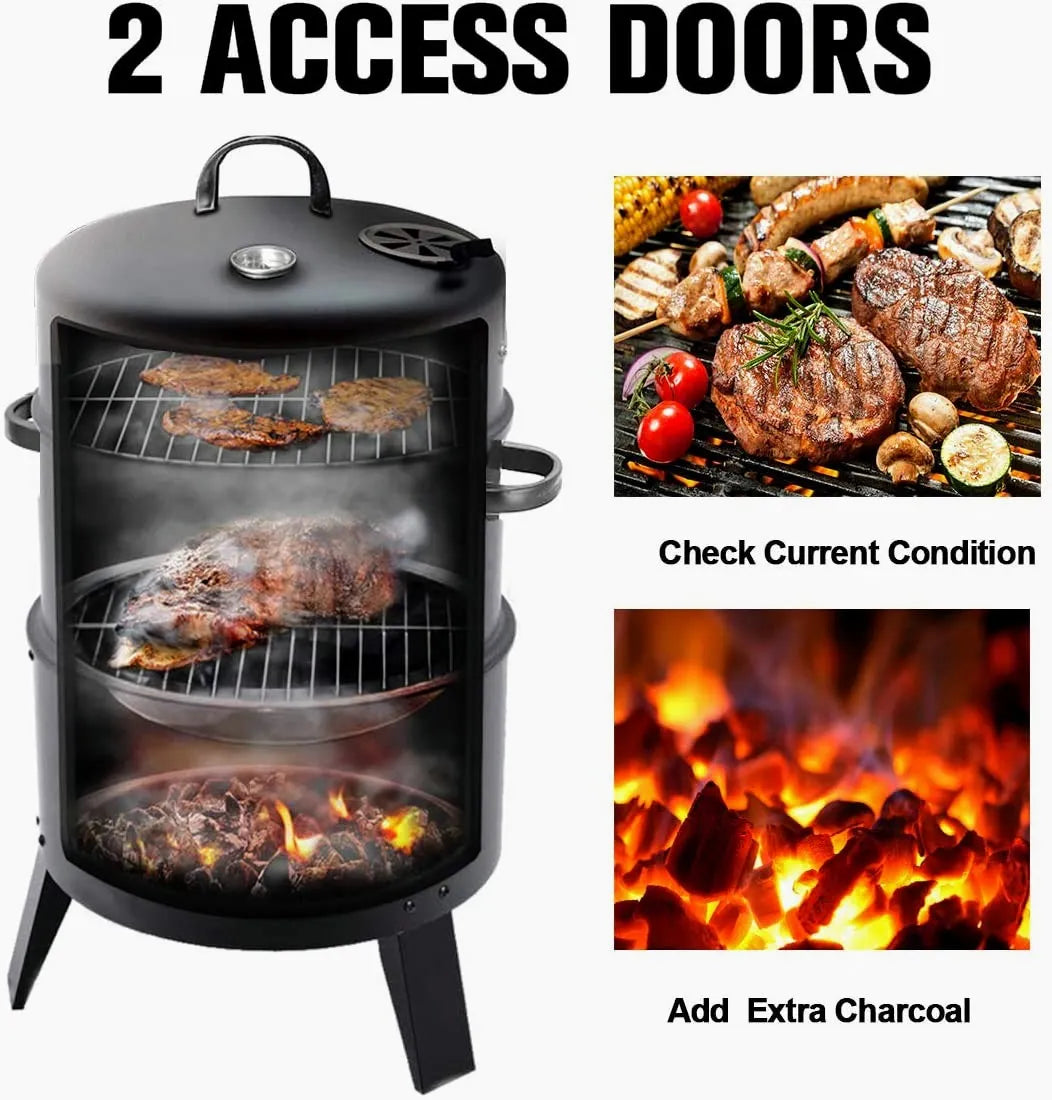 3 in 1 Portable Round Barbecue Grill with Heat Indicator Thermometer