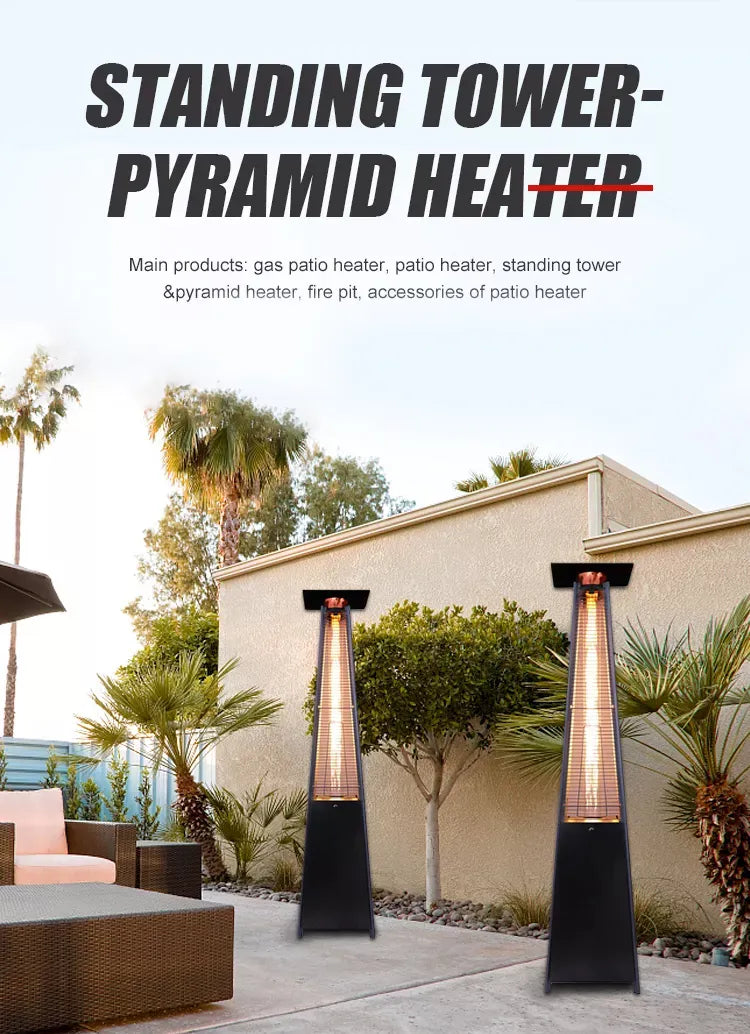 Pyramid Tower Glass Tube Gas Heater for Patio, Garden & Outdoor with Wheels