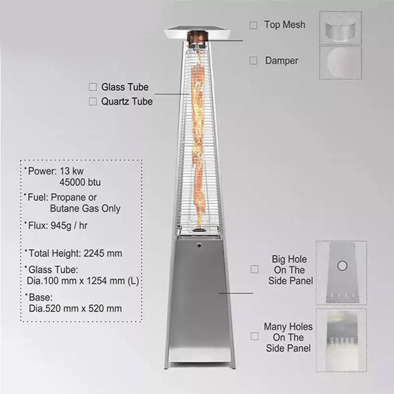 Pyramid Tower Glass Tube Gas Heater for Patio, Garden & Outdoor with Wheels