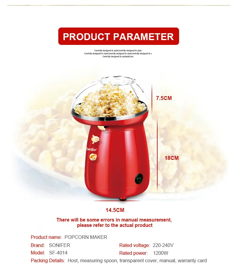 Sonifer 1200W Mini Portable Hot Air Oil Free Popcorn Maker Machine