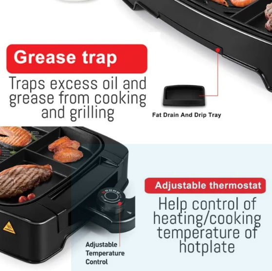 Sonifer Electric Multi Portion Grill with Adjustable Temperature, Non-Stick Coating & Detachable Thermostat - 1500W