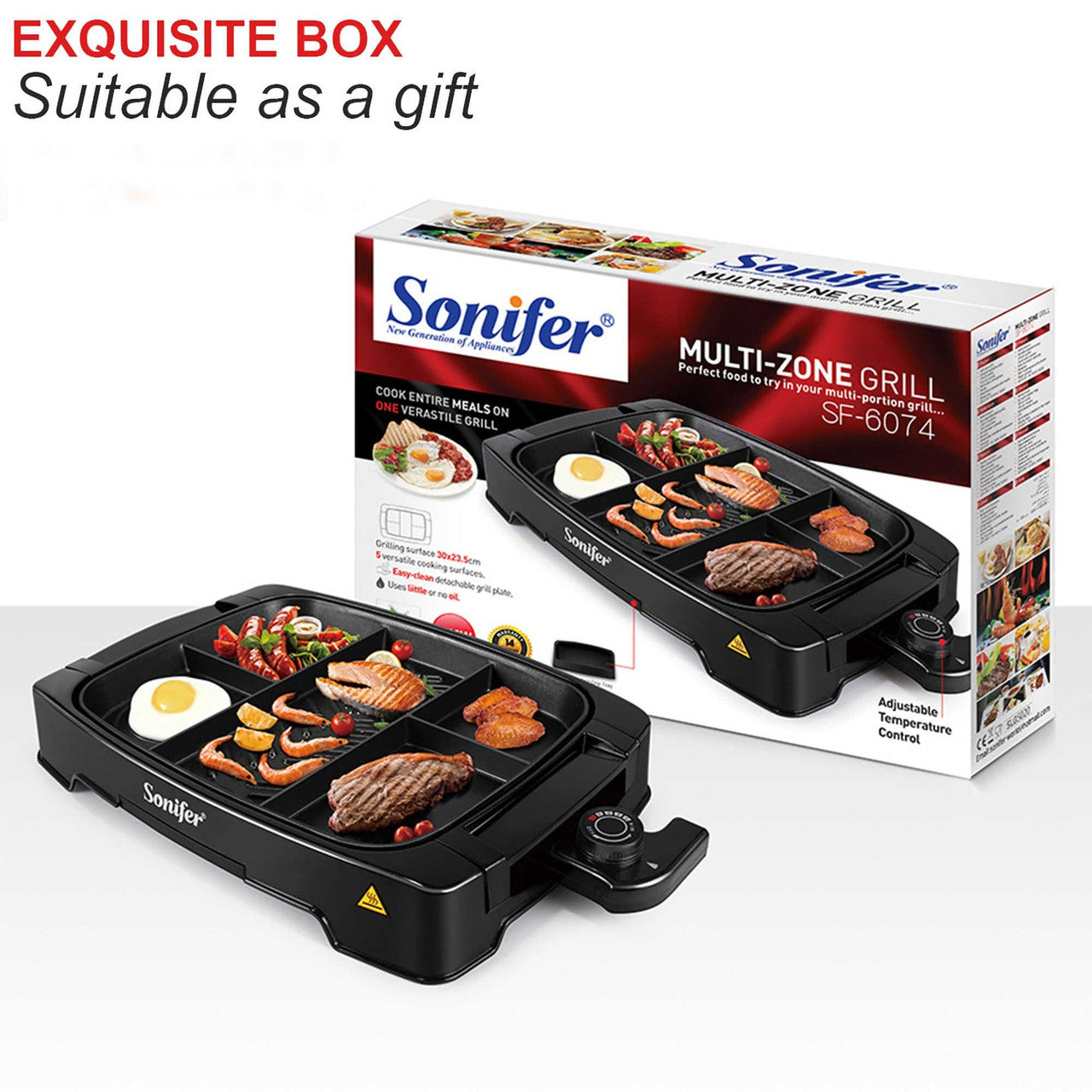 Sonifer Electric Multi Portion Grill with Adjustable Temperature, Non-Stick Coating & Detachable Thermostat - 1500W