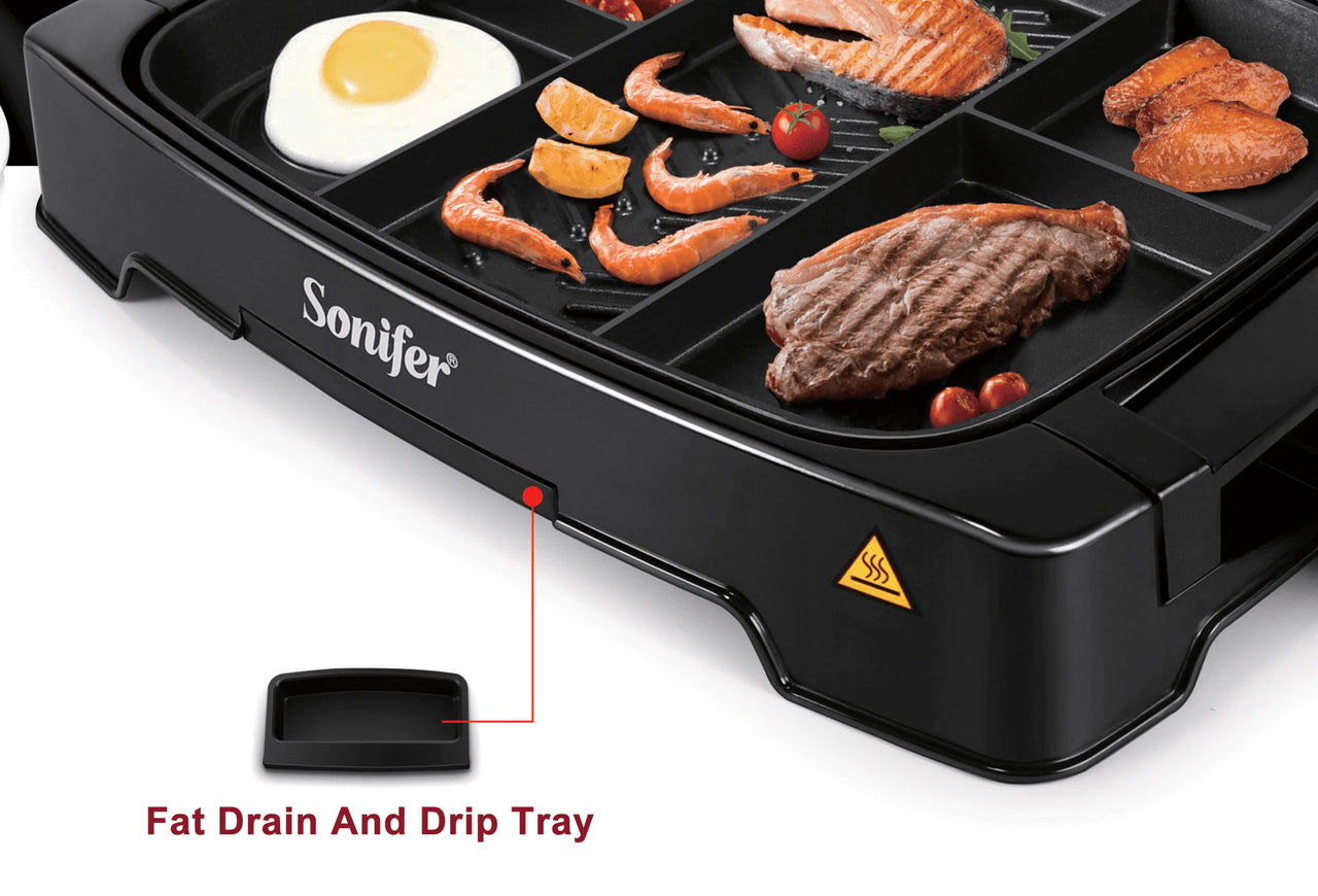Sonifer Electric Multi Portion Grill with Adjustable Temperature, Non-Stick Coating & Detachable Thermostat - 1500W