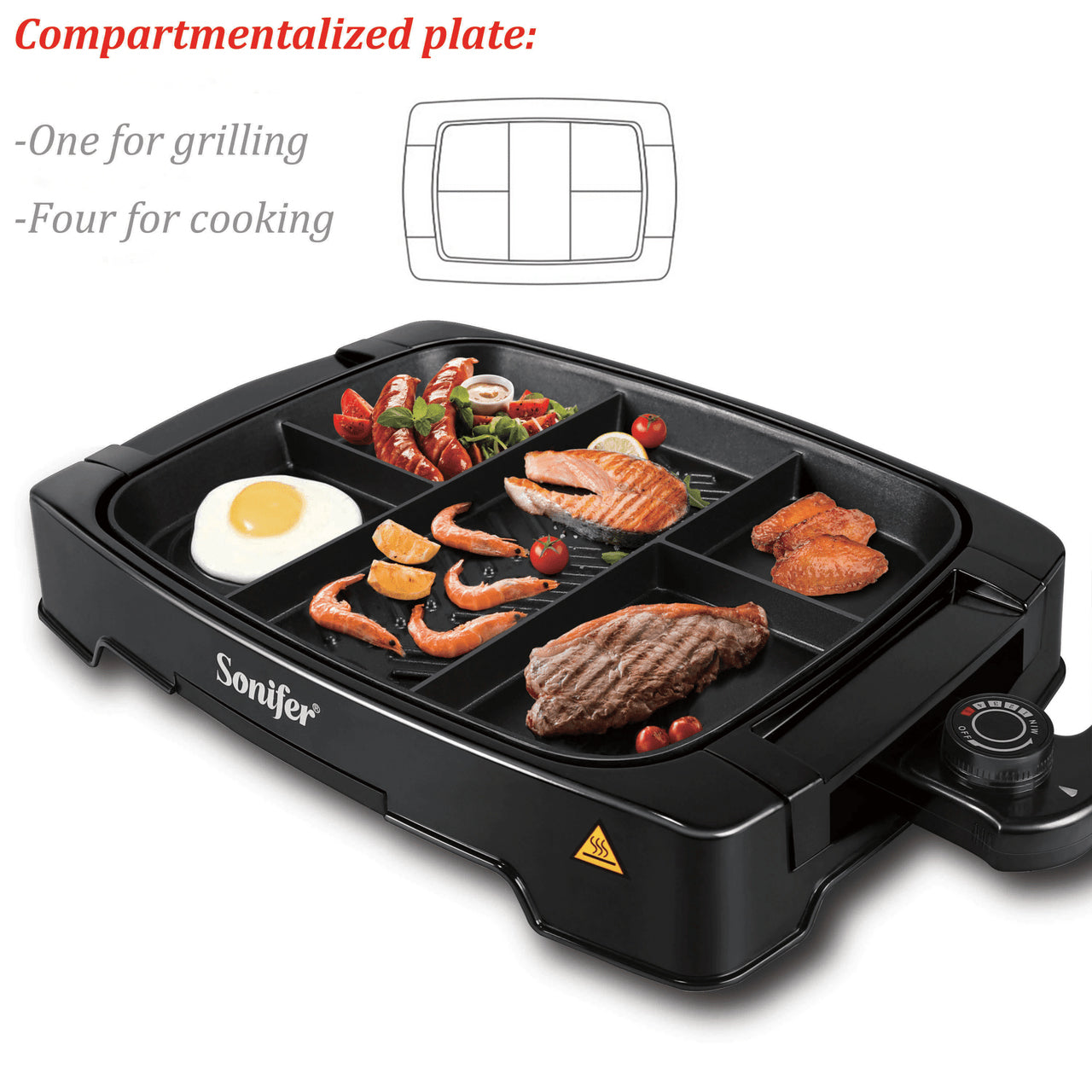 Sonifer Electric Multi Portion Grill with Adjustable Temperature, Non-Stick Coating & Detachable Thermostat - 1500W
