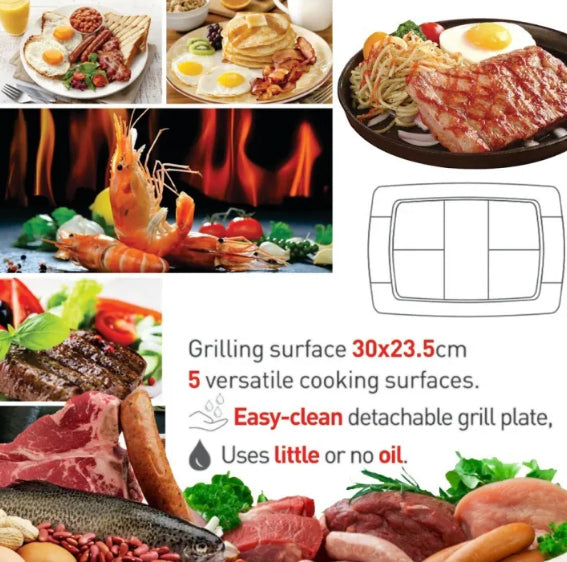 Sonifer Electric Multi Portion Grill with Adjustable Temperature, Non-Stick Coating & Detachable Thermostat - 1500W